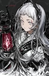 Rule 34 | 1girl, arknights, black background, black gloves, capelet, closed mouth, gloves, grey eyes, grey hair, head wings, highres, holding, holding lantern, irene (arknights), lantern, long hair, long sleeves, looking at viewer, scar, scar across eye, scar on face, signature, solo, twice12314, twitter username, upper body, water, white capelet, wings