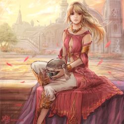 Rule 34 | 1girl, blonde hair, blue eyes, building, center opening, choker, dicesms, final fantasy, final fantasy xiv, long hair, looking at viewer, lyse hext, midriff, navel, outdoors, petals, ponytail, sitting, solo