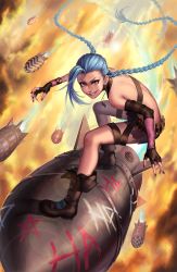 Rule 34 | 1girl, blue hair, boots, braid, gloves, hairline, jinx (league of legends), league of legends, long hair, pink eyes, rocket, solo, starbottle, twintails