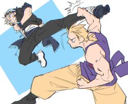 Rule 34 | 2boys, bare arms, battle, black footwear, black jacket, black pants, blonde hair, blue background, blue tank top, boots, border, chinstrap beard, clenched hands, clenched teeth, dagger, facial hair, fighting stance, final fantasy, final fantasy vi, flying kick, furrowed brow, garbage paper, grey hair, head scarf, highres, holding, holding dagger, holding knife, holding weapon, jacket, kicking, knife, locke cole, low ponytail, male focus, multiple boys, muscular, muscular male, pants, parted bangs, punching, sabin rene figaro, shirt, sleeves rolled up, stubble, tank top, teeth, waist sash, weapon, white border, white footwear, white shirt, yellow pants