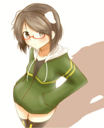 Rule 34 | 10s, 1girl, animal ears, bespectacled, black eyes, black hair, black thighhighs, blush, brave witches, collarbone, dog ears, glasses, hands in pockets, hood, hoodie, kanno naoe, long sleeves, red-framed eyewear, sekino takehiro, shadow, short hair, simple background, solo, strike witches, thighhighs, white background, world witches series