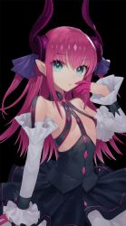 Rule 34 | 10s, 1girl, bangosu, black background, black dress, blue eyes, blush, breasts, closed mouth, curled horns, detached sleeves, dragon horns, dress, elizabeth bathory (fate), elizabeth bathory (fate/extra ccc), elizabeth bathory (first ascension) (fate), fate/extra, fate/extra ccc, fate (series), hair ribbon, hand up, horns, long hair, long sleeves, pink hair, pointy ears, purple ribbon, ribbon, simple background, small breasts, solo, two side up, very long hair, white sleeves