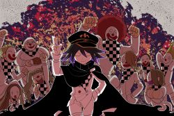 Rule 34 | 3girls, 6+boys, afro, arm up, arms up, black cape, black hair, blonde hair, braid, breasts, brown hair, cape, checkered clothes, checkered floor, checkered scarf, cleavage, clenched hand, clown mask, commentary request, cowboy shot, curry, curry rice, danganronpa (series), danganronpa v3: killing harmony, dice members (danganronpa), double v, drill hair, fat, fat man, food, furukawa (yomawari), hair between eyes, hand in pocket, hand up, hat, highres, holding, holding plate, large breasts, long hair, long sleeves, male focus, mask, multiple boys, multiple girls, oma kokichi, pants, plate, purple eyes, purple hair, red hair, rice, scarf, short hair, smile, straitjacket, twin drills, v, white pants