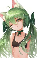 Rule 34 | 1girl, ahoge, alternate costume, animal ear fluff, animal ears, art556 (girls&#039; frontline), bad id, bad pixiv id, bare shoulders, bikini, black bikini, blush, bow, breasts, brown eyes, cat ears, choker, closed mouth, collarbone, dokomon, eyes visible through hair, girls&#039; frontline, green bow, green hair, hair between eyes, hair bow, half-closed eye, head tilt, highres, long hair, looking at viewer, navel, one eye closed, sidelocks, simple background, small breasts, smile, solo, stomach, swimsuit, twintails, upper body, very long hair, white background