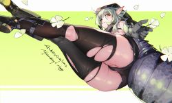 Rule 34 | 1girl, absurdres, ahoge, arknights, ass, black footwear, black thighhighs, boots, crocodilian tail, flower, gloves, grey gloves, highres, huge filesize, large tail, nyansky, partially visible vulva, pointy ears, silver hair, solo, tail, thighhighs, thighs, tomimi (arknights), torn clothes, torn thighhighs, white flower, yellow eyes