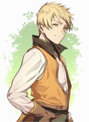 Rule 34 | 1boy, blonde hair, brown gloves, buttons, closed mouth, corrupted twitter file, from side, gloves, green eyes, guy cecil, highres, jacket, long sleeves, looking at viewer, male focus, orange jacket, pon52io, shirt, short hair, smile, solo, tales of (series), tales of the abyss, upper body, white shirt