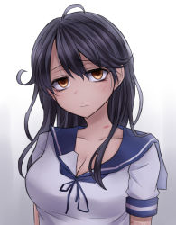 Rule 34 | 10s, 1girl, ahoge, bags under eyes, bite mark, black hair, blue ribbon, blush, breasts, brown eyes, cleavage, closed mouth, collarbone, commentary request, expressionless, gradient background, hair between eyes, head tilt, hickey, highres, kantai collection, large breasts, long hair, neit ni sei, ribbon, sailor collar, shirt, short sleeves, simple background, sleeve cuffs, solo, upper body, ushio (kancolle), white shirt