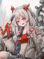 Rule 34 | 1girl, arknights, bandeau, colored skin, cowboy shot, dragon girl, dragon horns, earrings, fang, grey hair, grey jacket, hand up, highres, holding, horns, jacket, jewelry, kari90909, long hair, long sleeves, looking at viewer, midriff, multicolored hair, nian (arknights), open clothes, open jacket, open mouth, pointy ears, purple eyes, red bandeau, red hair, red horns, red skirt, sitting, skirt, smile, solo, strap, streaked hair