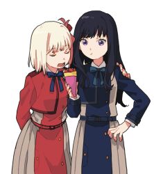 Rule 34 | 2girls, :t, belt, black hair, blonde hair, blue coat, bow, bowtie, closed eyes, coat, collared shirt, crepe, dou (mame eee), food, hand on another&#039;s shoulder, hand up, highres, holding, holding food, inoue takina, long hair, long sleeves, lycoris recoil, multiple girls, nishikigi chisato, open mouth, purple eyes, red coat, shirt, short hair, simple background, upper body, white background, white shirt