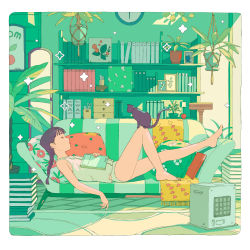 Rule 34 | 1girl, animal, aorkgk, bare legs, barefoot, black hair, blanket, blunt bangs, book, book stack, bookshelf, braid, cabinet, cat, clock, closed eyes, couch, day, drawing (object), expressionless, floor mirror, from side, full-length mirror, full body, green theme, hanging plant, highres, indoors, knee up, long hair, lying, mirror, on back, on couch, original, panties, pillow, plant, potted plant, profile, shirt, sleeping, sleeveless, sleeveless shirt, solo focus, sparkle, sunlight, underwear, vase, wall clock, white shirt