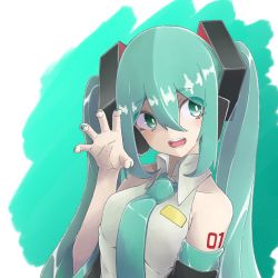 Rule 34 | 1girl, aqua background, aqua eyes, aqua hair, aqua nails, aqua necktie, bare shoulders, black sleeves, blush, claw pose, commentary, daua history, detached sleeves, hair ornament, hand up, hatsune miku, headphones, highres, light blush, long hair, looking to the side, nail polish, necktie, open mouth, shirt, shoulder tattoo, sleeveless, sleeveless shirt, smile, solo, tattoo, twintails, upper body, very long hair, vocaloid, white shirt