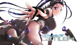 Rule 34 | 1girl, antenna hair, ass, bandages, bandana, black hair, breasts, cover, cover page, female focus, fingerless gloves, gloves, hair slicked back, high ponytail, highres, hip vent, hozumi kaoru, ibuki (street fighter), knife, kunai, large breasts, long hair, revealing clothes, sleeveless, solo, street fighter, street fighter iv (series), throwing knife, weapon, white background