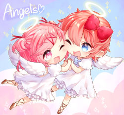 Rule 34 | :d, ;d, angel, angel wings, blue eyes, blue neckwear, bow, bowtie, chibi, commentary, doki doki literature club, dress, eyes visible through hair, fang, hair bow, halo, holding hands, interlocked fingers, nan (gokurou), natsuki (doki doki literature club), one eye closed, open mouth, pink eyes, pink hair, red bow, sayori (doki doki literature club), short hair, short sleeves, smile, sparkle, twitter username, two side up, white dress, wings