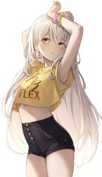 Rule 34 | 1girl, absurdres, armpits, arms up, bad id, bad twitter id, bare arms, black shorts, bracelet, closed mouth, clothes writing, cowboy shot, crop top, crop top overhang, dampi, earrings, high-waist shorts, highres, jewelry, long hair, looking at viewer, midriff, original, scrunchie, shirt, short shorts, short sleeves, shorts, silver hair, simple background, solo, standing, thighs, very long hair, white background, wrist scrunchie, yellow eyes, yellow shirt