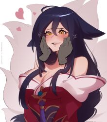 Rule 34 | 1girl, ahri (league of legends), artist name, bare shoulders, black hair, blush, breasts, cleavage, collarbone, commission, dreamcharlie, facial mark, fox tail, hair between eyes, heart, highres, large breasts, league of legends, long hair, long sleeves, multiple tails, open mouth, orange eyes, solo, tail, teeth, upper body, whisker markings