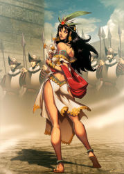 Rule 34 | 1girl, 6+boys, armor, army, ass, aztec, back, beard, black hair, breastplate, breasts, butt crack, city, cloud, conquistador, cross, day, facial hair, genzoman, helmet, historical event, la malinche, lance, long hair, long legs, looking at viewer, medium breasts, mexico, midriff, multiple boys, neck ruff, polearm, pyramid (structure), real life, realistic, sandals, skirt, soldier, spain, spanish text, spear, tenochtitlan, tiara, weapon