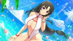 Rule 34 | 1girl, absurdres, armpits, bad link, bangle, bare shoulders, beach, bird, black hair, blue sky, blush, bracelet, breasts, brown eyes, center opening, cleavage, cliff, cloud, day, hand in own hair, hand on leg, highres, hime cut, horizon, jewelry, large breasts, long hair, looking at viewer, low-tied long hair, mountain, navel, ocean, official art, one-piece swimsuit, outdoors, palm tree, petals, queen&#039;s blade, seagull, senran kagura, senran kagura new link, sky, smile, solo, swimsuit, tomoe (queen&#039;s blade), tree, water, water drop, wet, wrist cuffs, yaegashi nan