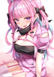 Rule 34 | 1girl, bed sheet, black bow, black shirt, blue hair, blunt bangs, blush, bow, braid, breasts, chest harness, cleavage, colored inner hair, commentary request, ear piercing, earrings, fangs, garter straps, gloves, hair bow, hand up, harness, highres, hololive, jacket, jewelry, large breasts, looking at viewer, mask, mask pull, minato aqua, miniskirt, mouth mask, multicolored hair, open mouth, piercing, pink hair, pink jacket, pink skirt, pulling own clothes, purple eyes, shirt, short sleeves, skirt, solo, thighhighs, two side up, vampire (vocaloid), virtual youtuber, vocaloid, white background, white gloves, white thighhighs, yuano
