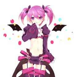 Rule 34 | 1girl, aisha landar, bad id, bad pixiv id, bandeau, cowboy shot, elsword, frills, g ieep, looking at viewer, midriff, miniskirt, purple eyes, purple hair, purple skirt, purple thighhighs, short hair, skirt, sleeves past wrists, smile, solo, thighhighs, twintails, void princess (elsword), white background, wings