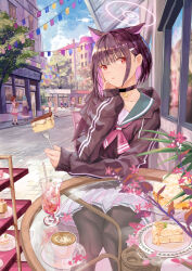 Rule 34 | 6+girls, animal ears, black choker, black hair, black jacket, blue archive, blush, building, cake, cake slice, cat ears, choker, collarbone, colored inner hair, cup, day, drink, drinking straw, extra ears, food, forest 0, fork, fountain, green sailor collar, hair ornament, hairclip, halo, highres, holding, holding fork, hood, hood down, hooded jacket, jacket, kazusa (blue archive), long sleeves, looking at viewer, multicolored hair, multiple girls, open mouth, outdoors, pink hair, pink halo, red eyes, sailor collar, short hair, solo focus