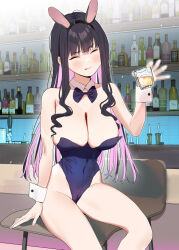 Rule 34 | 1girl, :p, ^ ^, animal ears, bare shoulders, black hair, blush, bottle, bow, bowtie, breasts, chair, cleavage, closed eyes, covered erect nipples, cup, detached sleeves, drinking glass, highres, holding, holding cup, large breasts, leotard, long hair, multicolored hair, original, pink hair, playboy bunny, rabbit ears, sitting, smile, solo, subachi, tongue, tongue out, two-tone hair, wrist cuffs