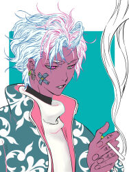 Rule 34 | 1boy, alternate costume, bandaid, bandaid on face, black choker, bleach, bleach: sennen kessen-hen, choker, cigarette, commentary, contemporary, dark-skinned male, dark skin, ear piercing, earrings, green background, green jacket, hair behind ear, hair between eyes, hand up, highres, hitsugaya toushirou, holding, holding cigarette, jacket, jewelry, looking to the side, male focus, open clothes, open jacket, parted lips, piercing, pink eyes, shirt, short hair, simple background, smoke, smoking, solo, spiked hair, two-tone background, upper body, v-shaped eyebrows, white background, white hair, white shirt, ze ro, zombie