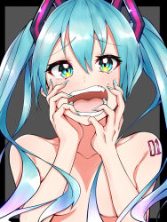 Rule 34 | 00s, 1girl, aqua eyes, aqua hair, aqua nails, blush, breasts, commentary, crying, furrowed brow, grey background, hair ornament, hand on own cheek, hand on own face, hatsune miku, koba cha, long hair, looking at viewer, nail polish, nude, open mouth, shoulder tattoo, small breasts, solo, tattoo, tears, twintails, upper body, vocaloid