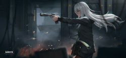 Rule 34 | 1girl, artist name, bad id, bad pixiv id, black jacket, black shorts, blue eyes, blurry, blurry background, blurry foreground, blush, brown pantyhose, commentary request, depth of field, fire, floating hair, from side, gun, hair between eyes, highres, holding, holding gun, holding weapon, hood, hood down, hooded jacket, jacket, pantyhose under shorts, long hair, looking away, open mouth, original, outstretched arms, pantyhose, profile, short shorts, shorts, silver hair, solo, two-handed, very long hair, weapon, yurichtofen