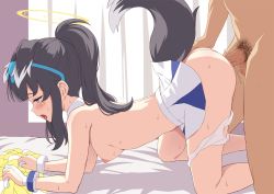 Rule 34 | 1boy, 1girl, all fours, animal ears, black hair, blue archive, blue eyes, blush, breasts, cheerleader, commentary request, dog ears, dog girl, dog tail, facial tattoo, halo, hanging breasts, hibiki (blue archive), hibiki (cheer squad) (blue archive), medium breasts, millennium cheerleader outfit (blue archive), nipples, official alternate costume, panties, panty pull, pleated skirt, profile, sex, sex from behind, short hair, skirt, star tattoo, sweat, tail, tattoo, top-down bottom-up, two-tone skirt, underwear, white panties, yamasan