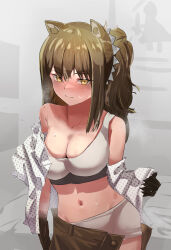 Rule 34 | 1girl, animal ears, arknights, bed, black gloves, blush, bra, breasts, breath, brown hair, brown skirt, cleavage, closed mouth, commentary, contrapposto, cowboy shot, freckles, gloves, hair between eyes, highres, indoors, long hair, looking at viewer, medium breasts, multicolored hair, navel, off shoulder, open clothes, open shirt, open skirt, panties, polka dot, polka dot shirt, ponytail, raccoon ears, raccoon girl, robin (arknights), shirt, skirt, smile, solo, solokitsune, sports bra, standing, steaming body, stomach, strap slip, sweat, two-tone hair, underwear, undressing, unfastened, white bra, white hair, white panties, white shirt, yellow eyes