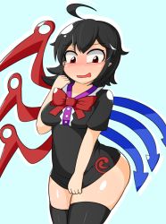 Rule 34 | 1girl, ahoge, asymmetrical wings, blush, breasts, clenched hands, dress, dress tug, houjuu nue, manorea, nervous smile, pointy ears, red eyes, short hair, smile, solo, thighhighs, touhou, undersized clothes, wavy mouth, wide hips, wings
