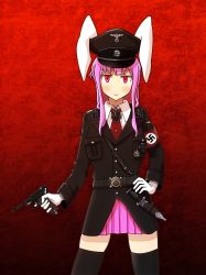 Rule 34 | 1girl, alison (alison airlines), animal ears, bad id, bad pixiv id, belt, black thighhighs, gun, handgun, hat, highres, long hair, luger p08, military, military hat, military uniform, nazi, necktie, pink hair, rabbit ears, reisen udongein inaba, solo, thighhighs, touhou, uniform, weapon
