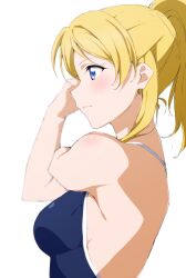 1girl ayase_eli blonde_hair blue_eyes blue_one-piece_swimsuit closed_mouth cross-body_stretch highres long_hair love_live! love_live!_school_idol_project nagi_mkrnpn one-piece_swimsuit ponytail school_swimsuit simple_background solo swimsuit upper_body white_background