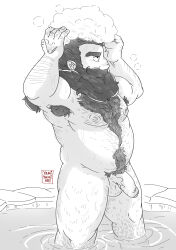 Rule 34 | 1boy, absurdres, bara, beard, belly, dungeon meshi, dwarf, excessive armpit hair, facial hair, fat, fat man, feet out of frame, flaccid, from side, full beard, greyscale, hairy, highres, long beard, male focus, male pubic hair, mature male, monochrome, muscular, muscular male, navel, navel hair, nipples, pectorals, penis, profile, pubic hair, senshi (dungeon meshi), showering, soap bubbles, solo, sparse arm hair, sparse ass hair, squeans, standing, stomach, testicle hair, thick beard, thick chest hair, thick leg hair, thick mustache, thick navel hair, thick thighs, thighs, very hairy, very long beard, wading, wet, yamiyami art
