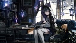 Rule 34 | 1girl, animal ears, animal hood, bandage over one eye, bell, black hair, black hoodie, book, book stack, bookshelf, cat ears, cat girl, cat tail, clock, collar, couch, cup, drawing (object), floating, floating object, highres, hood, hood up, hoodie, indie virtual youtuber, indoors, kurose kiri, lantern, long sleeves, magic, miniskirt, mug, neck bell, open book, open clothes, open hoodie, picture frame, plaid, plaid skirt, plant, purple eyes, reading, scyze, short hair, sitting, skirt, smile, solo, table, tail, thighhighs, virtual youtuber, white thighhighs, window