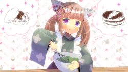Rule 34 | 1girl, :q, animal ear fluff, animal ears, blush, bowl, brown hair, closed mouth, commentary request, commission, copyright request, food, food-themed background, green kimono, holding, holding bowl, japanese clothes, kimono, kou hiyoyo, long hair, long sleeves, looking at viewer, mixing bowl, pancake, pancake stack, purple eyes, skeb commission, smile, solo, sparkle, thought bubble, tongue, tongue out, twintails, upper body, virtual youtuber, whisk, white background, wide sleeves