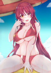 Rule 34 | 1girl, beach umbrella, bikini, blush, breasts, cleavage, collarbone, hand on own face, heterochromia, hololive, houshou marine, houshou marine (summer), large breasts, long hair, looking at viewer, open mouth, red bikini, red eyes, shu-ten, sky, smile, solo, swimsuit, umbrella, virtual youtuber, wet, yellow eyes