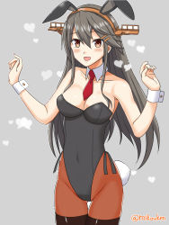 Rule 34 | 1girl, animal ears, black hair, black leotard, black thighhighs, breasts, brown pantyhose, cleavage, commentary request, detached collar, fake animal ears, grey background, hair ornament, hairband, hairclip, haruna (kancolle), headgear, heart, highleg, highleg leotard, highres, kantai collection, kutsugen kanna (mikouken), leotard, long hair, medium breasts, necktie, pantyhose, playboy bunny, rabbit ears, rabbit tail, red necktie, solo, standing, tail, thigh gap, thighhighs, wrist cuffs