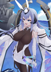 Rule 34 | 1girl, absurdres, azur lane, blue eyes, blue sky, bodystocking, breasts, coat, coat on shoulders, covered erect nipples, covered navel, dress, elbow gloves, gloves, headgear, highres, large breasts, long hair, microdress, new jersey (azur lane), open clothes, open coat, open mouth, pi pi, purple hair, rigging, see-through, sky, solo, tongue, tongue out, turret, very long hair, water, white coat, white dress, white gloves
