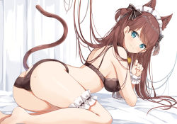 Rule 34 | 1girl, animal ears, ass, bad id, bad pixiv id, bare shoulders, barefoot, black bow, black bra, black panties, blue eyes, bow, bra, breasts, brown hair, cat ears, cat girl, cat tail, commentary request, hair bow, headdress, highres, bridal garter, long hair, looking at viewer, looking to the side, medium breasts, mole, mole on ass, original, panties, solo, tail, tail raised, underwear, underwear only, wrist cuffs, yuzu-aki