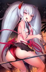 Rule 34 | 1girl, absurdres, ass, bikini, blush, breasts, commentary request, demon girl, demon horns, demon tail, demon wings, from behind, grim aloe, highres, horns, licking, long hair, looking at viewer, outdoors, quiz magic academy, red bikini, red eyes, saliva, saliva trail, shiny skin, sitting, skirt, small breasts, solo, swimsuit, tail, tongue, tongue out, twintails, unizou, very long hair, wings