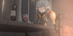 Rule 34 | 1boy, alcohol, armor, black gloves, bottle, brick wall, chainmail, chair, chihuri, closed mouth, cup, drinking glass, final fantasy, final fantasy xiv, gloves, hands up, haurchefant greystone, highres, indoors, male focus, on chair, pauldrons, shoulder armor, sitting, smile, snow, snowing, solo, table, upper body, window, wine, wine bottle, wine glass