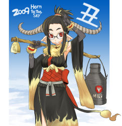 Rule 34 | 00s, 1girl, 2009, arm up, bell, black hair, cow girl, cowbell, earrings, elbow gloves, glasses, gloves, highres, horns, japanese clothes, jewelry, milk, nabeyu, new year, original, over shoulder, pointy ears, red eyes, solo, tail