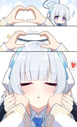 Rule 34 | !, 1girl, 3koma, ^^^, blue archive, blue necktie, blunt bangs, blush, closed eyes, closed mouth, collared shirt, comic, facing viewer, grey hair, halo, hands on another&#039;s cheeks, hands on another&#039;s face, heart, highres, incoming kiss, long hair, long sleeves, mechanical halo, motion lines, necktie, noa (blue archive), parted lips, pov, pov hands, purple eyes, reia 76, shirt, silent comic, smile, snoot challenge, split mouth, spoken heart, twitter username, white shirt