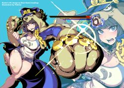 Rule 34 | 1girl, bandaid, black hair, blue background, blue eyes, breasts, chinese commentary, cleavage, clenched hands, coat, commentary request, fishine, hat, health bar, highres, hood, jojo no kimyou na bouken, looking at viewer, open mouth, original, overcoat, panties, simple background, solo, sweat, teeth, underwear, white panties, zoom layer