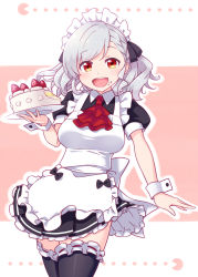 Rule 34 | 1girl, :d, alternate costume, apron, black bow, black thighhighs, bow, breasts, brown background, cake, commentary request, dress, enmaided, food, food on face, frilled apron, frilled dress, frilled thighhighs, frills, fruit, girls&#039; frontline, grey hair, hair bow, harada (sansei rain), highres, holding, holding plate, long hair, maid, maid apron, maid headdress, medium breasts, open mouth, pac-man, pac-man (game), plate, pleated skirt, puffy short sleeves, puffy sleeves, red eyes, ribbon-trimmed legwear, ribbon trim, short sleeves, skirt, smile, solo, spas-12 (girls&#039; frontline), strawberry, teeth, thighhighs, two-tone background, upper teeth only, white apron, white background, wrist cuffs