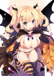 Rule 34 | 1girl, animal print, asymmetrical legwear, bat print, bikini, black gloves, black thighhighs, blonde hair, blue eyes, breasts, candy, cape, choker, cleavage, commentary request, cross hair ornament, demon tail, demon wings, elbow gloves, food, gloves, hair ornament, halloween, high heels, holding, holding candy, holding food, holding lollipop, large breasts, leg up, lollipop, long hair, looking at viewer, mitha, navel, orange bikini, original, side-tie bikini bottom, solo, spider web print, star (symbol), stomach, striped bikini, striped clothes, striped thighhighs, swimsuit, tail, thighhighs, tongue, tongue out, twintails, uneven legwear, wings