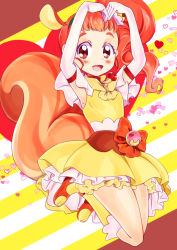 Rule 34 | 10s, 1girl, animal ears, arisugawa himari, arms up, blush, bow, brown hair, cure custard, dress, elbow gloves, full body, gloves, heart, jumping, kirakira precure a la mode, kneehighs, looking at viewer, magical girl, naruse yasuhiro, orange bow, orange footwear, ponytail, precure, red eyes, shoes, short hair, socks, solo, squirrel ears, squirrel tail, striped, striped background, tail, white gloves, yellow bow, yellow dress, yellow socks