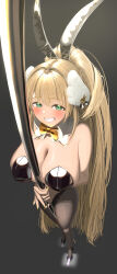 Rule 34 | 1girl, absurdres, animal ears, between breasts, black leotard, blonde hair, blush, bow, bowtie, breasts, brown pantyhose, cleavage, detached collar, fake animal ears, from above, full body, goddess of victory: nikke, green eyes, grin, hair intakes, hair ornament, highleg, highleg leotard, highres, large breasts, leotard, long hair, looking at viewer, official alternate costume, pantyhose, playboy bunny, pole, ponytail, rabbit ears, rupee (nikke), rupee (rabbit deluxe) (nikke), shiawasemono44, skindentation, smile, solo, standing, strapless, strapless leotard, stripper pole, yellow bow, yellow bowtie