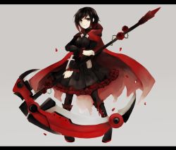Rule 34 | 1girl, border, brown eyes, brown hair, cape, chomachi, cross, flower, gothic lolita, grey background, letterboxed, lolita fashion, pantyhose, petals, plant, rose, rose petals, ruby rose, rwby, scythe, simple background, smile, solo, thorns, vines